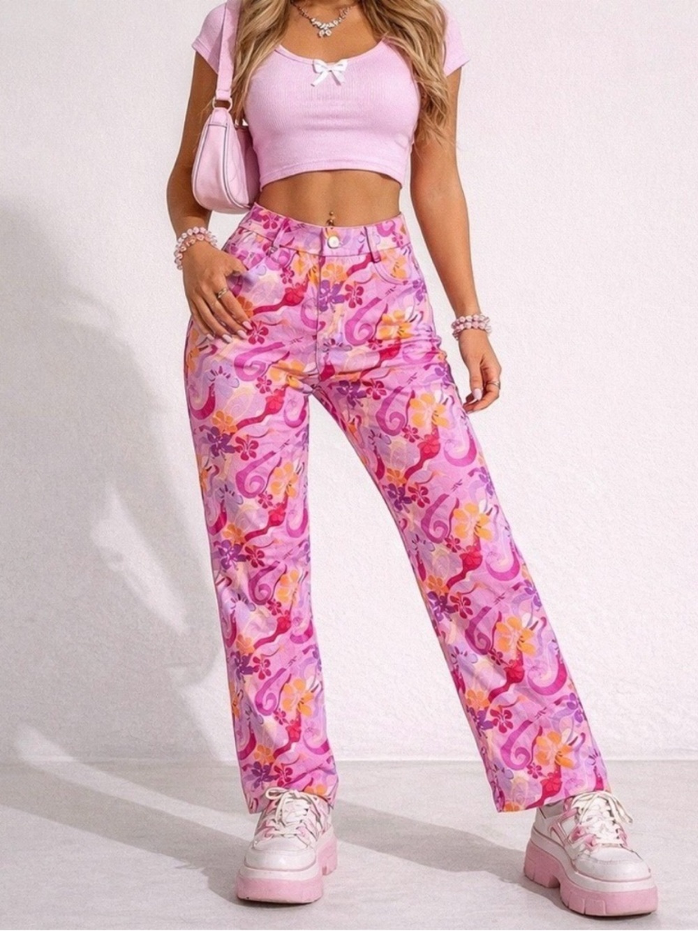 Tiger Mist Cesar Pink Floral Hibiscus Print High-Rise Pants